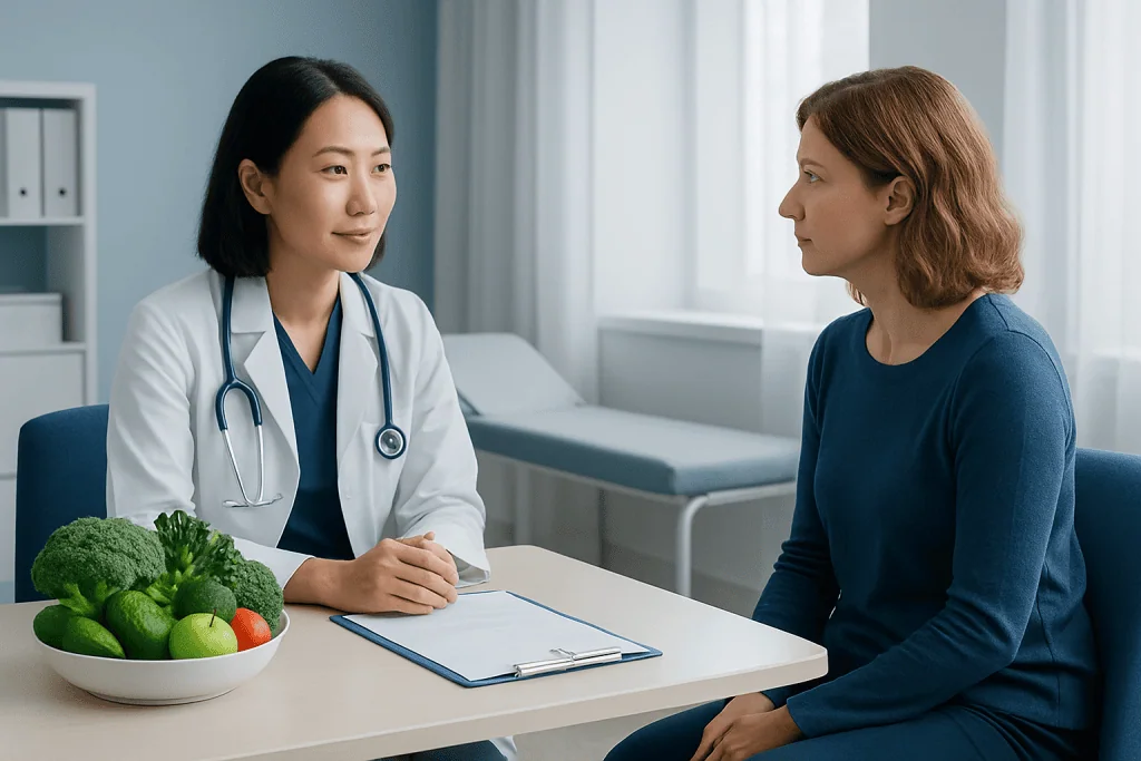 Doctor consulting with patient in a medical office with vegetables on the table.