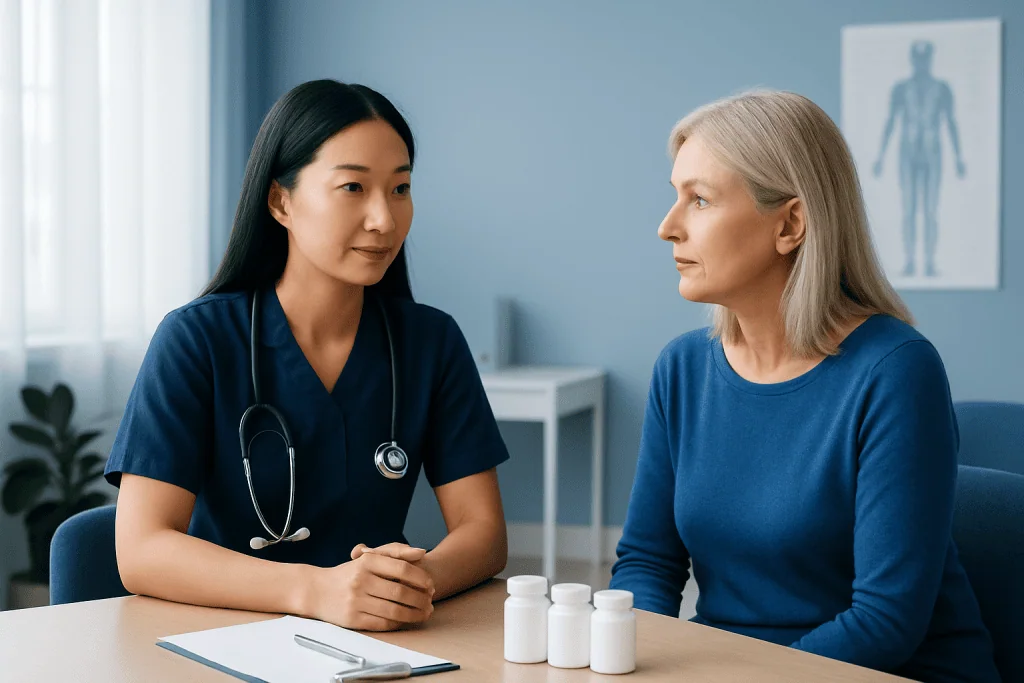 Doctor consulting with an elderly female patient in a medical office.