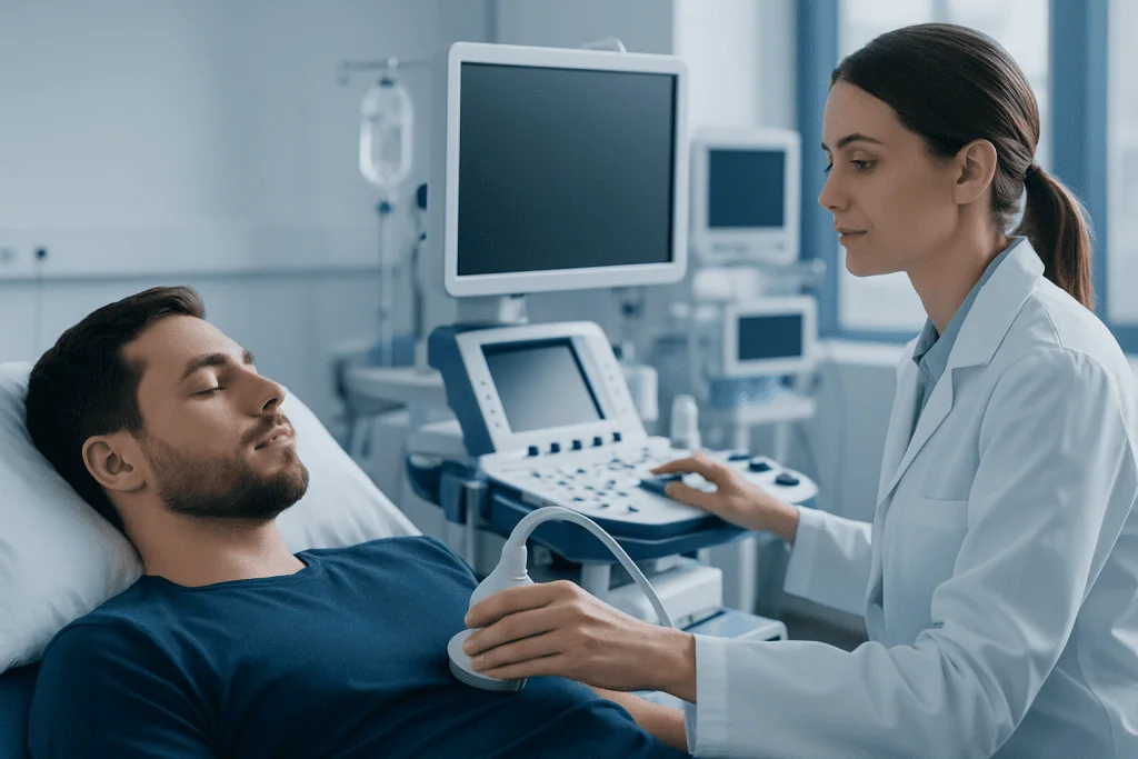 Medical professional performing an ultrasound on a patient in hospital.