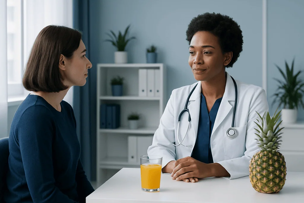 Doctor explaining health benefits of pineapple juice to patient in clinic.