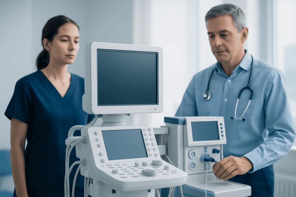 Medical professionals operating ultrasound equipment in a hospital setting.