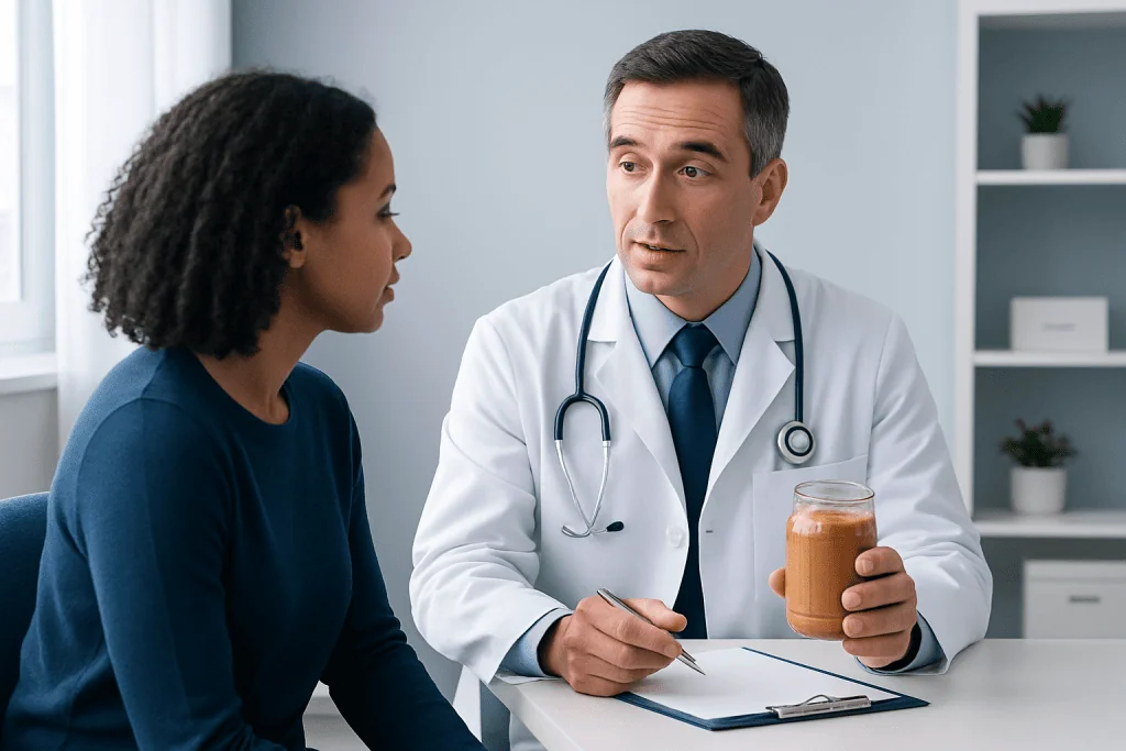 Doctor explaining peanut butter health benefits to patient in clinic.