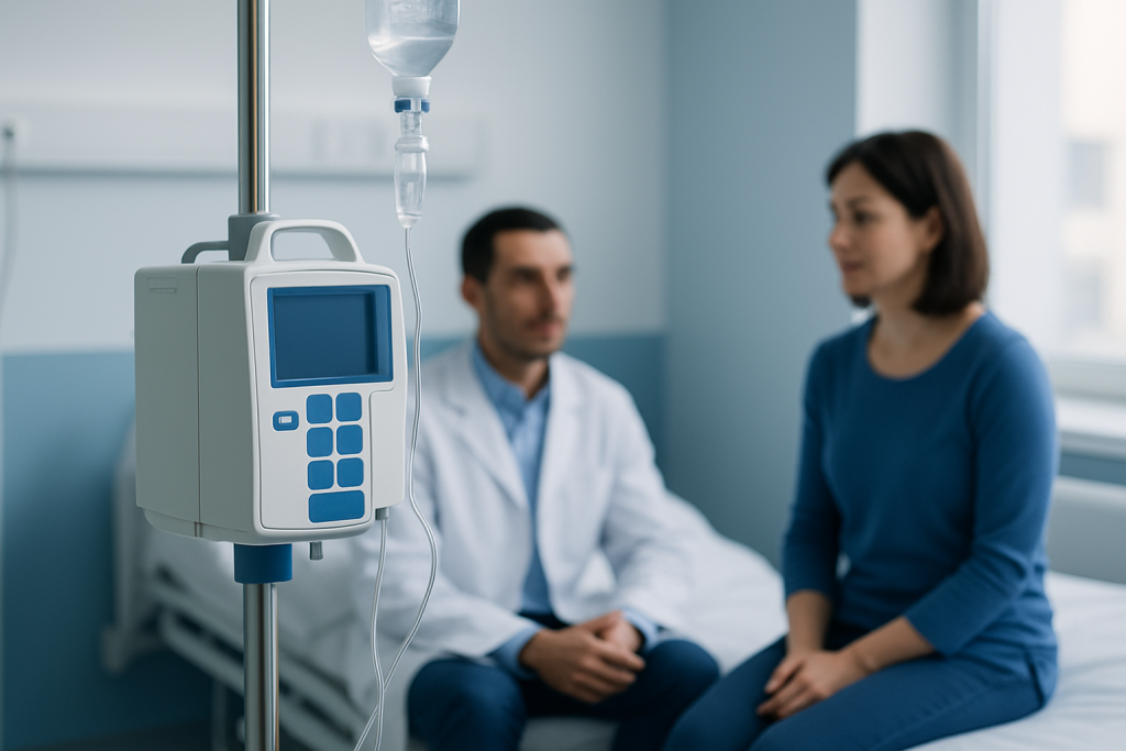 Doctor consulting with patient in hospital room with IV drip.