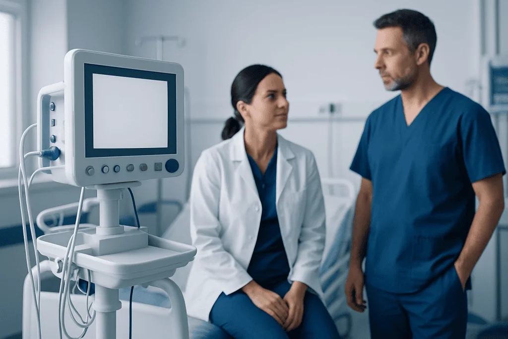 Medical professionals in a hospital room with monitoring equipment.