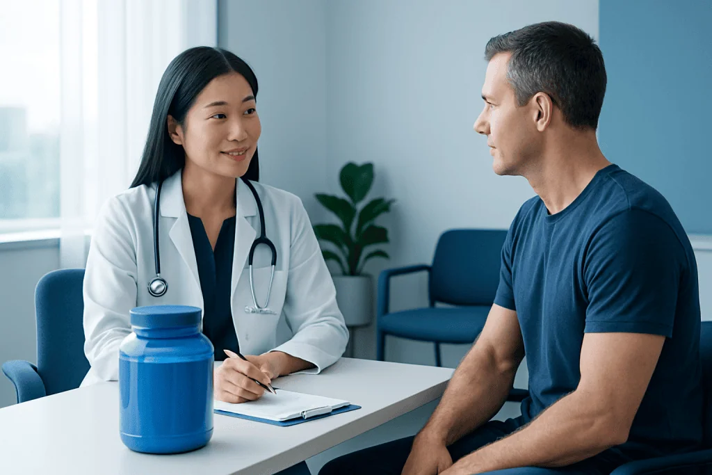 Doctor consulting with a male patient in a medical office setting.