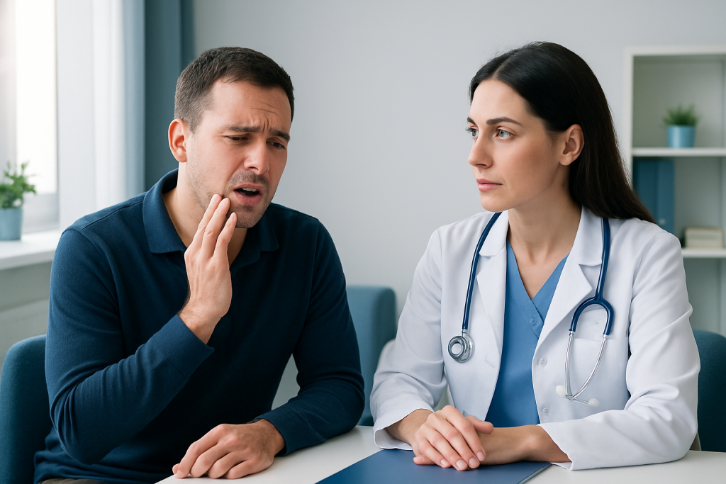 Patient with mouth pain consulting a doctor in a clinic setting.