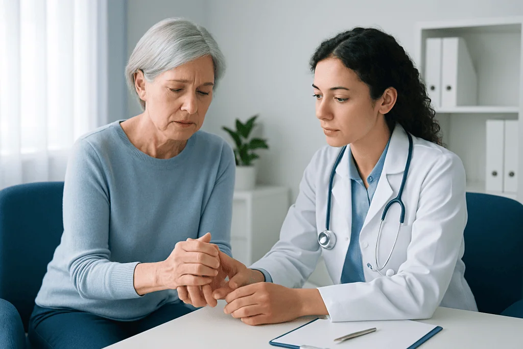 Doctor examining elderly woman's hand for cramps or pain.