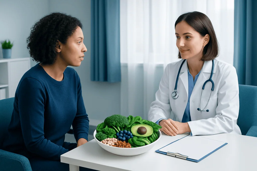 Doctor discussing gut health with patient using healthy foods on table.