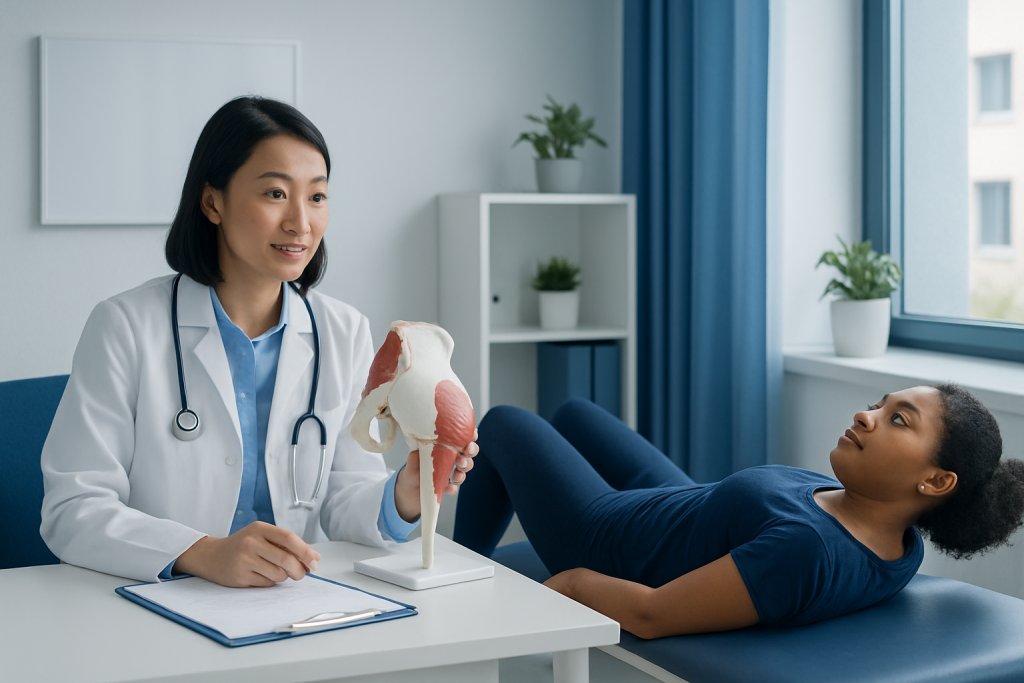 Doctor explaining gluteus maximus exercises to patient in a clinical setting.