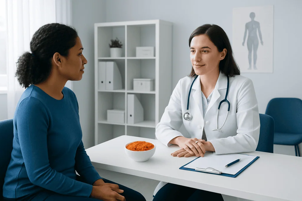 Doctor consulting patient in a medical office with a bowl of lentils on the table.