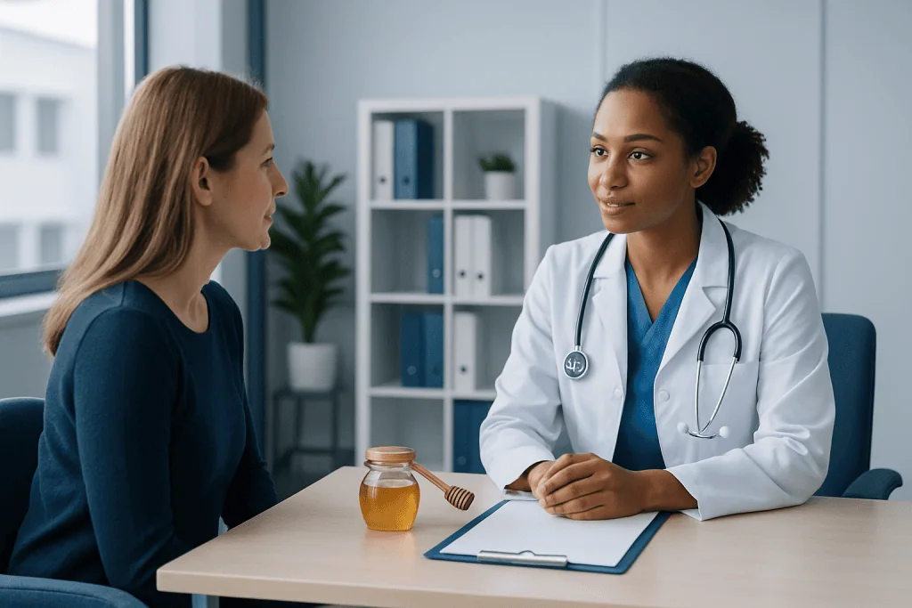 Doctor consulting with a patient in a modern medical office.