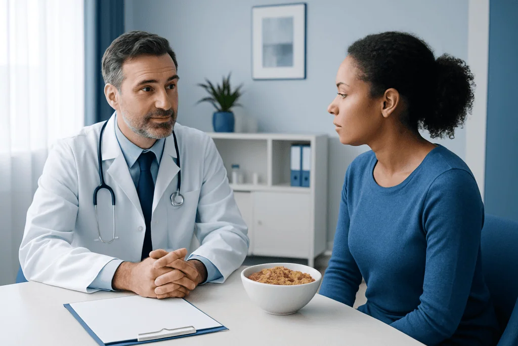 Doctor consulting a patient about her health in a modern clinic setting.