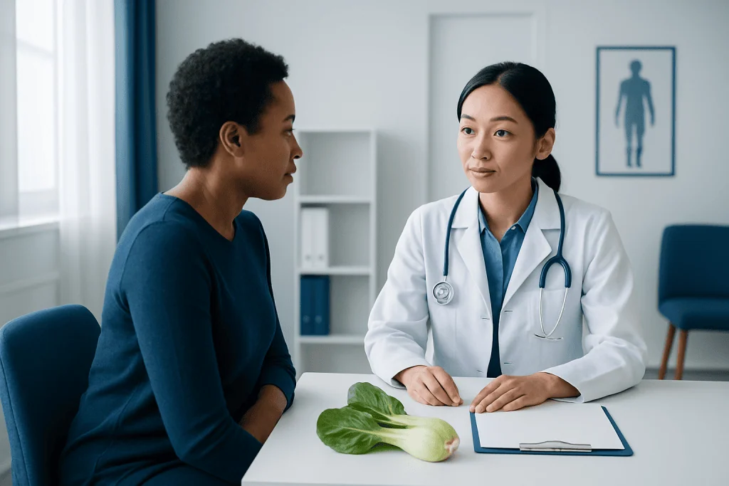 Doctor consulting with patient in a medical office with a bok choy on the table.