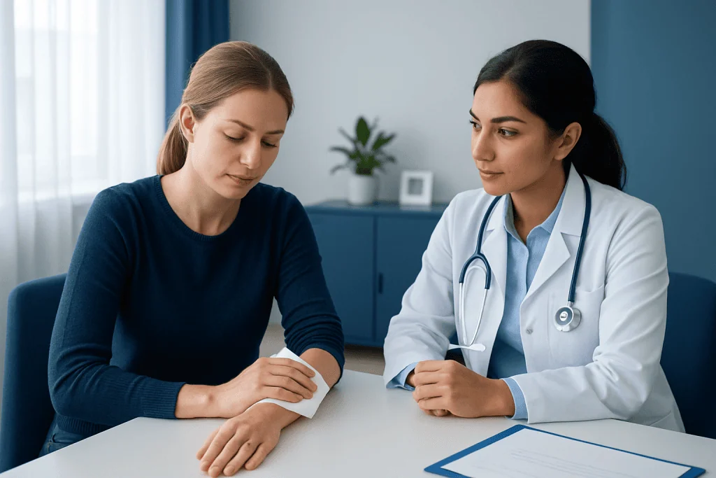 Doctor examining a woman's arm for wasp sting treatment options.