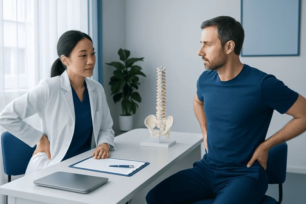 Doctor consulting with patient about lower back pain and spine health.