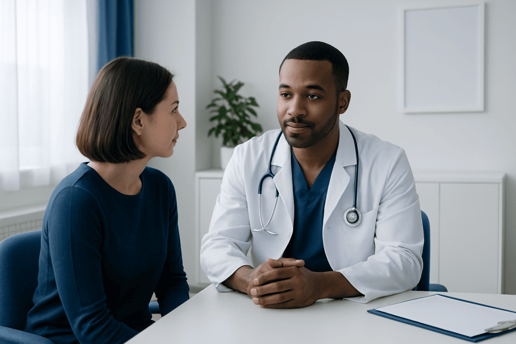 Doctor consulting with a patient in a modern medical office.