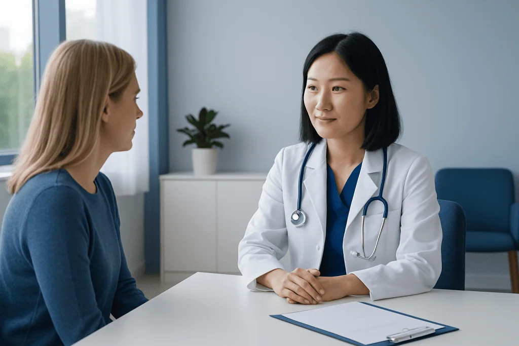 Female doctor consulting with a patient in a modern clinic.