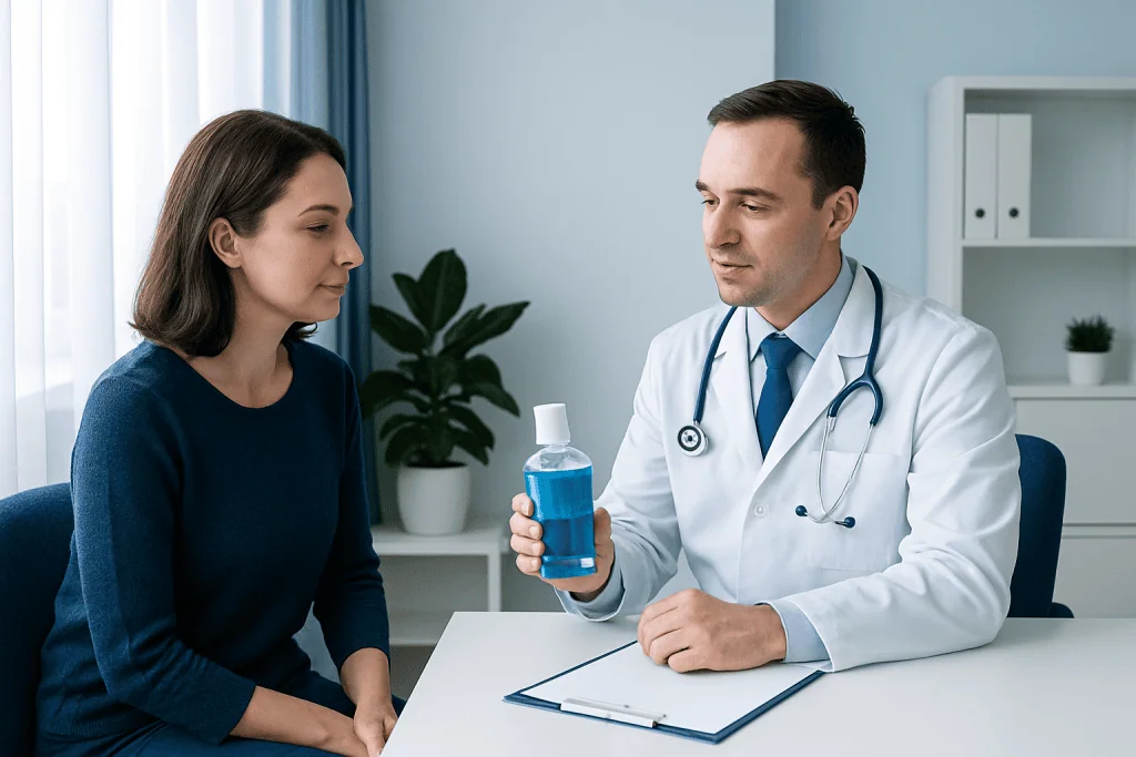 Doctor explains antiseptic mouthwash benefits to patient in clinic.