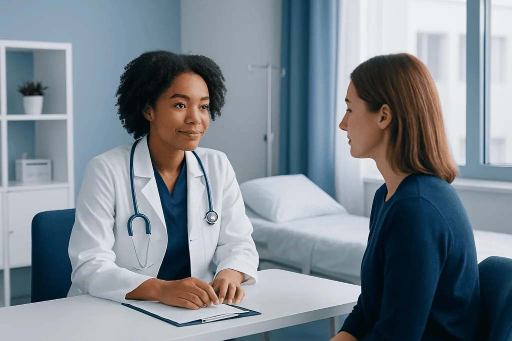 Doctor consulting with a patient in a modern hospital room.