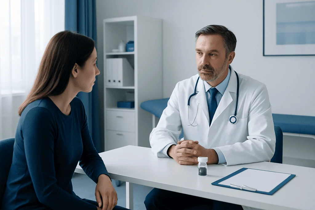Doctor consulting with a patient in a modern medical office.