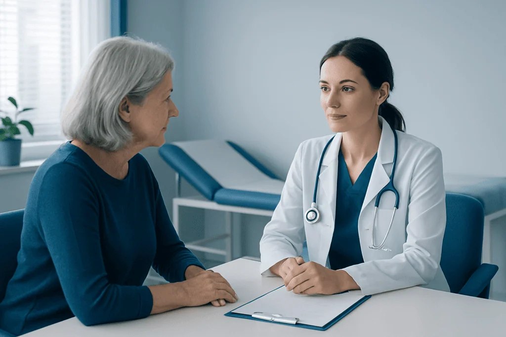 Doctor consulting with an elderly patient in a medical office.