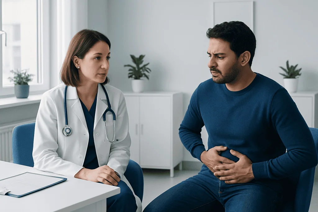 Doctor consulting with a patient about stomach discomfort in a medical office.