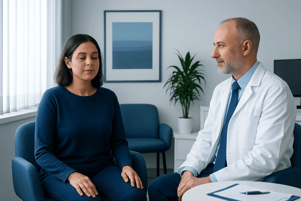 Doctor consulting with a patient in a modern medical office setting.