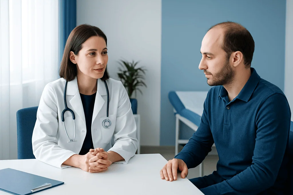 Doctor consulting with male patient in a medical office setting.