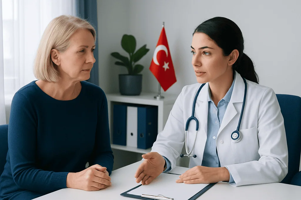 Doctor consulting with a female patient in a medical office in Turkey.