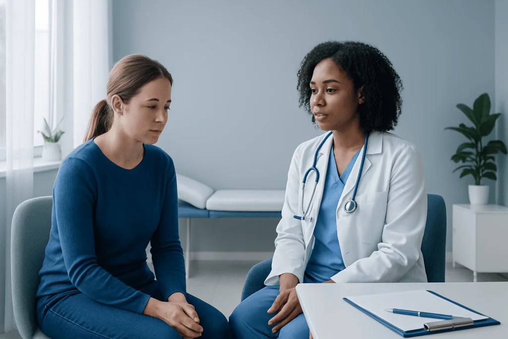 Doctor consulting with a young female patient in a medical office.