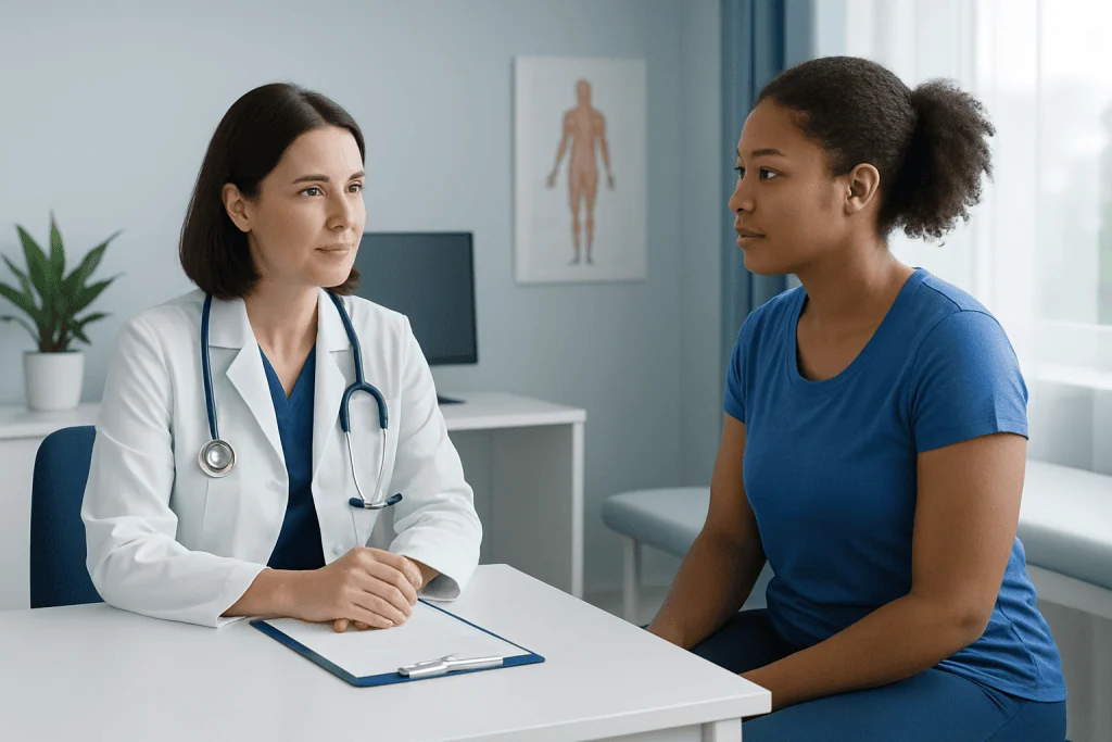 Doctor consulting with a patient in a medical office setting.