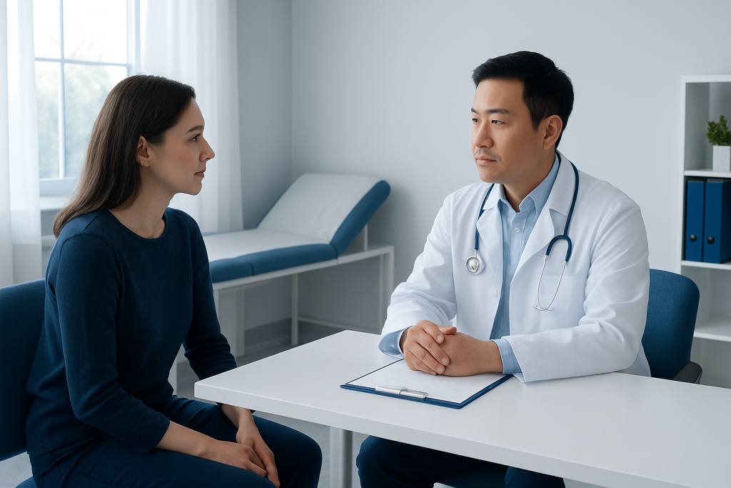 Doctor consulting with a female patient in a modern medical office.