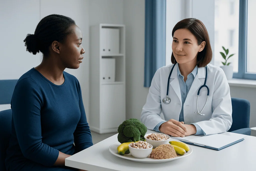 Doctor consulting with a patient about nutritious food options in a clinic.