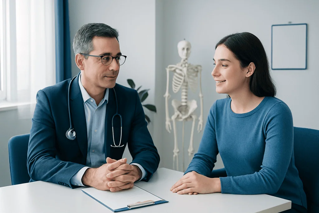 Doctor consulting with a young female patient in a medical office.