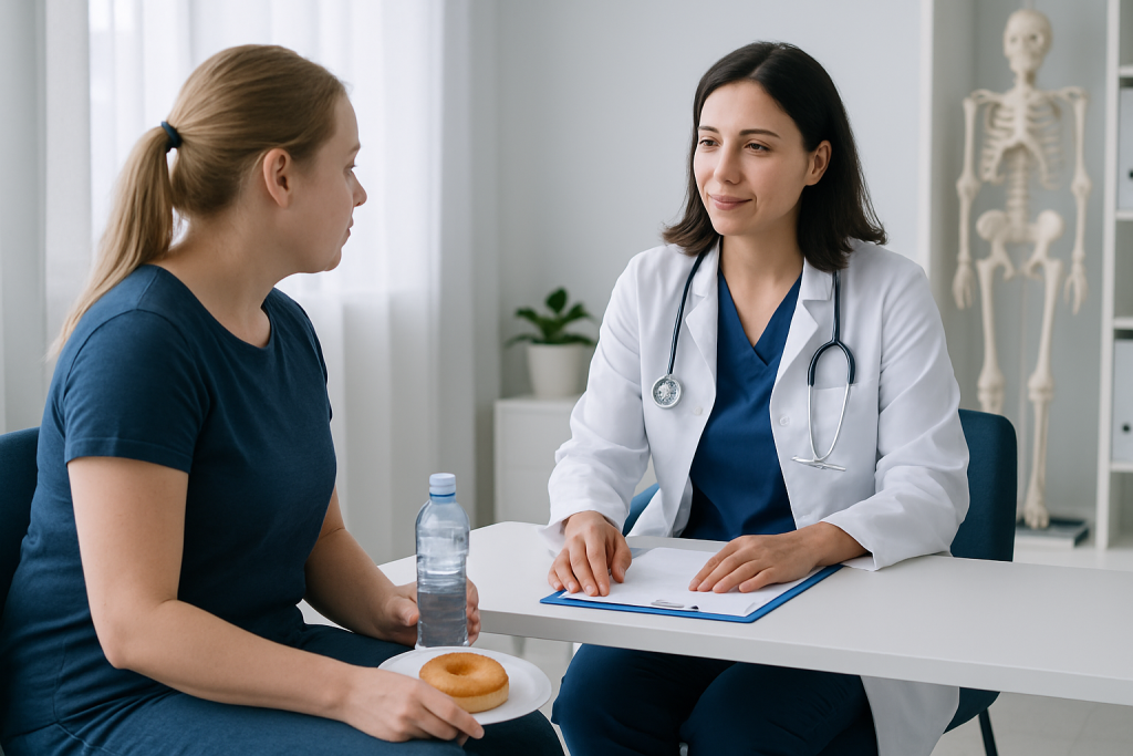 Doctor consulting with a young female patient in a medical office.