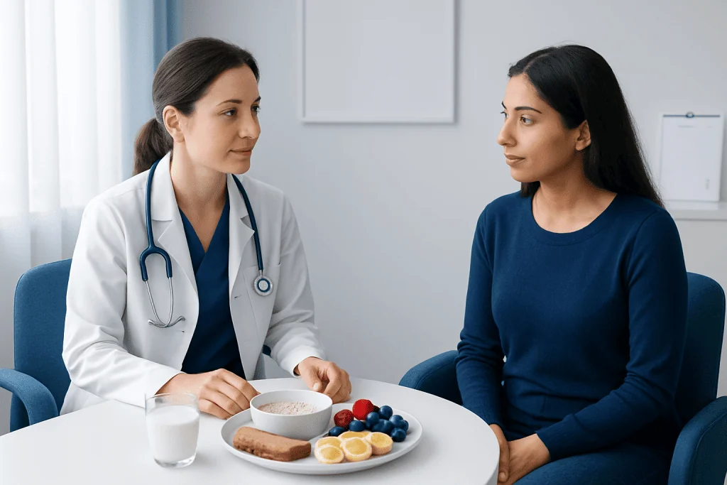 Doctor consulting a patient about healthy breakfast options in a medical setting.