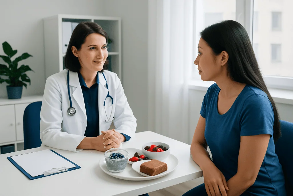 Doctor consulting with a patient in a bright medical office.