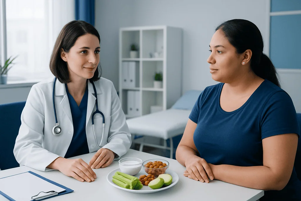 Doctor consulting patient about healthy snacks for weight loss at clinic.