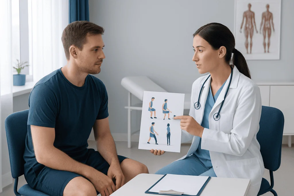 Doctor explaining exercise options to patient in clinic setting.