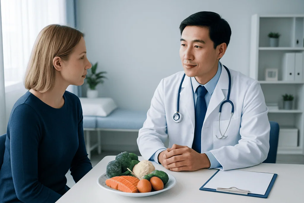 Doctor discussing low carb diet benefits with patient in clinic setting.