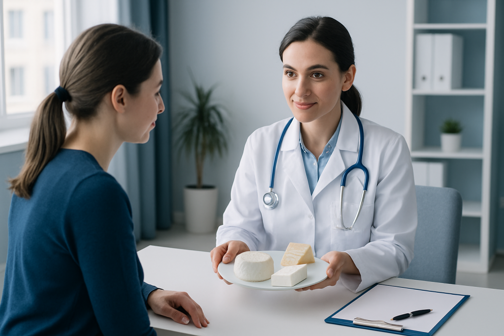 Doctor offering low fat cheese samples to a patient in a clinical setting.