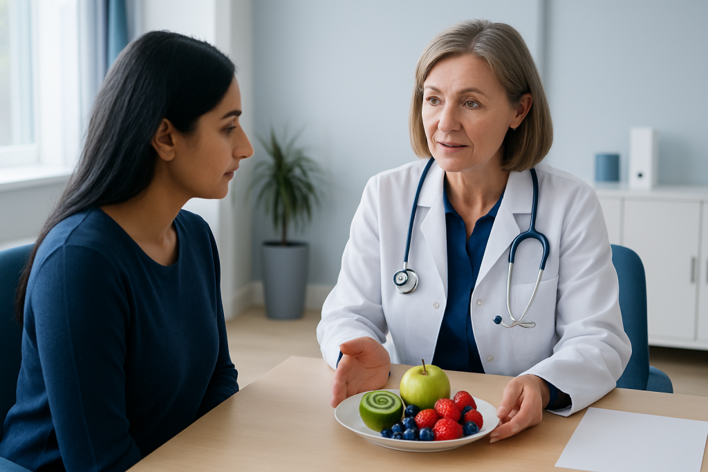 Doctor discussing low glycemic fruits with patient in clinic setting.