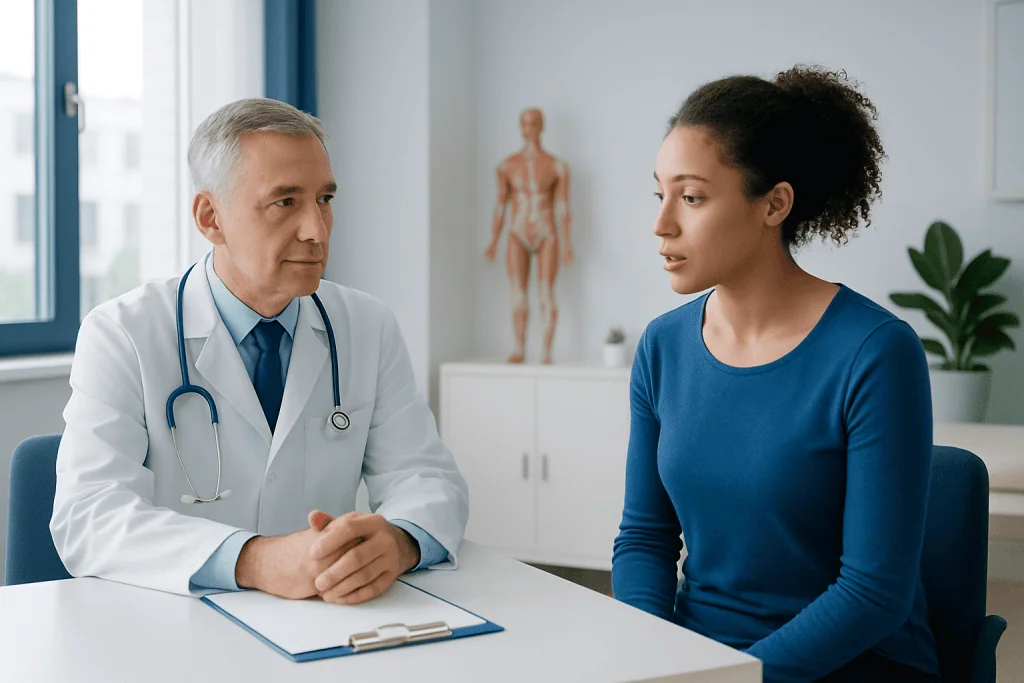 Doctor consulting with a young female patient in a medical office.