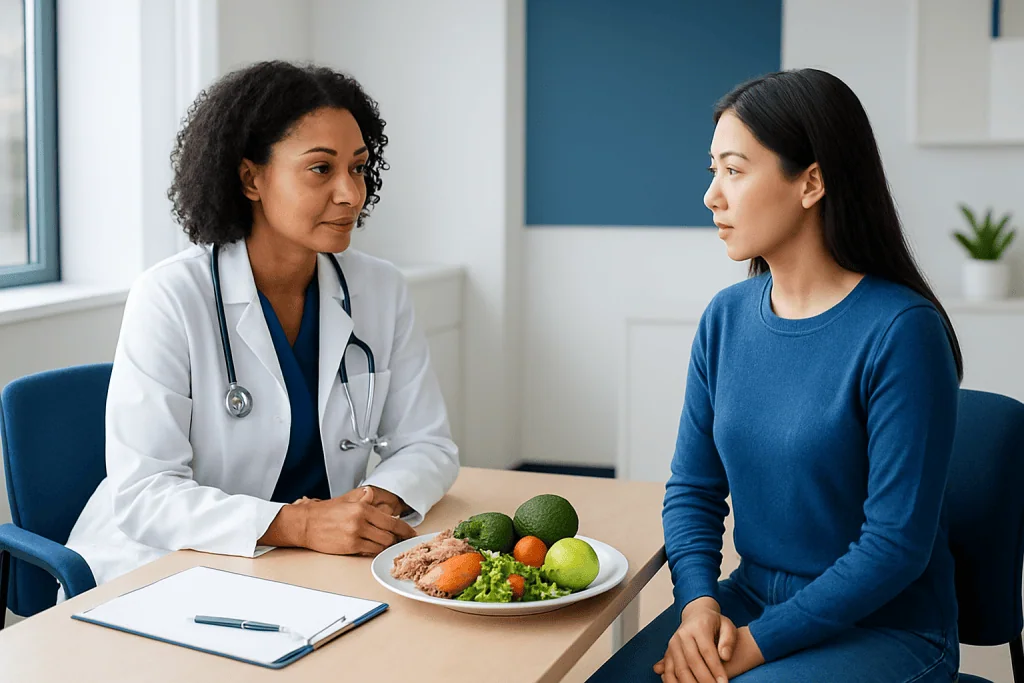 Doctor consulting patient about healthy eating and whole foods benefits.