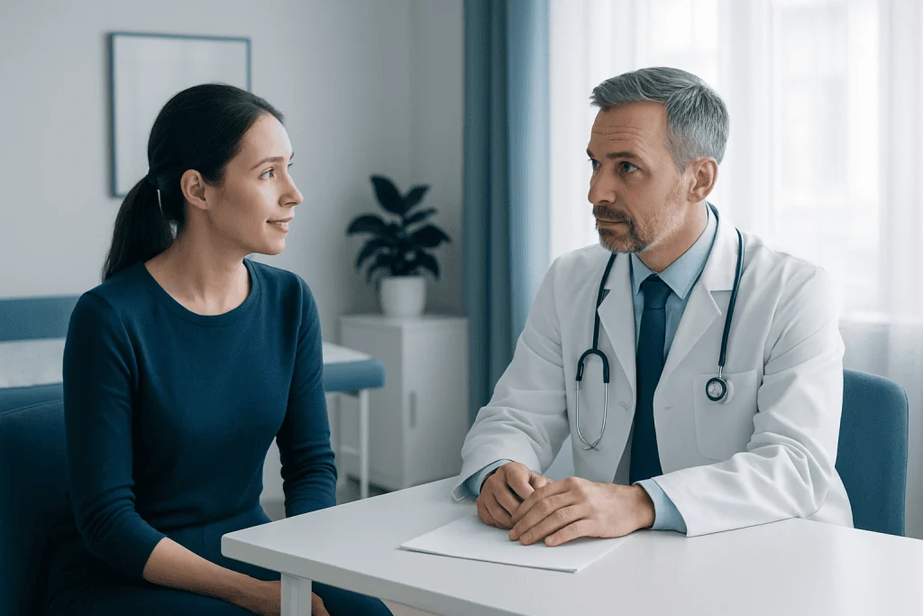 Doctor consulting with a female patient in a modern clinic setting.