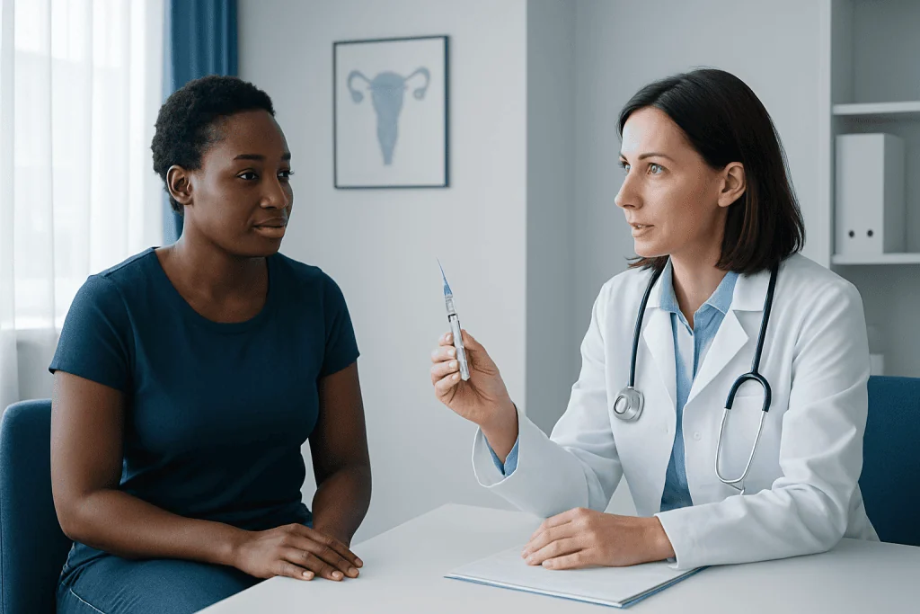 Doctor explaining contraceptive options to a patient in a clinic.