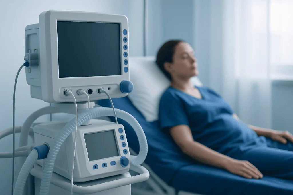 Hospital patient resting with medical ventilator in background.