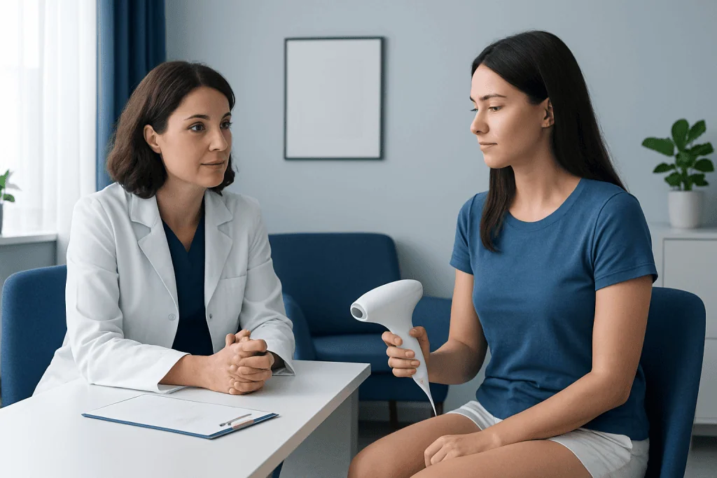 Doctor explaining laser hair removal to patient in clinic setting.