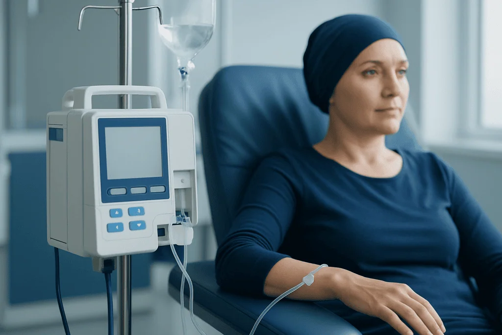 Woman receiving chemotherapy treatment in hospital.