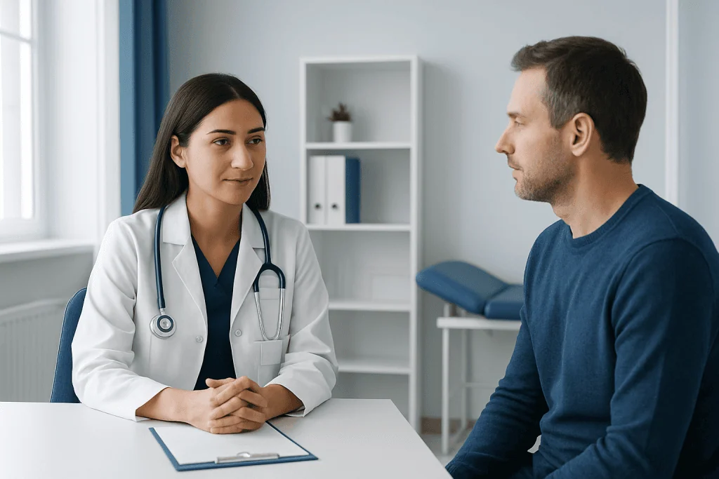 Doctor consulting with patient in a medical office.